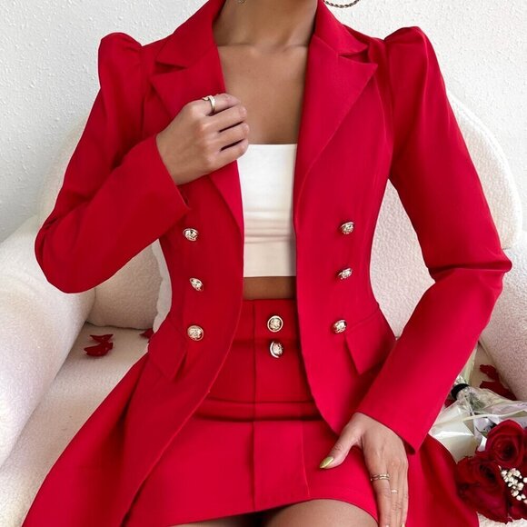 Red Elegant Women's Double Breasted Blazer & Mini Skirt - Picture 3 of 6